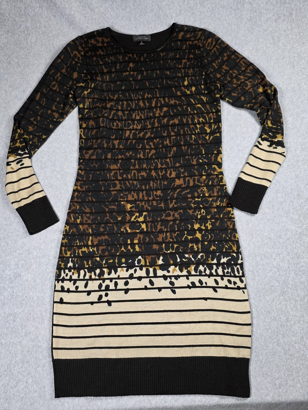 Tahari ASL Black, Tan & Yellow Patterned Long Sleeve Knit Dress